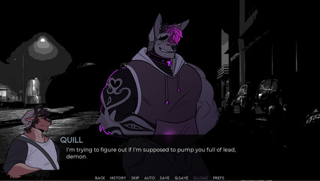 anthro arm_tattoo black_collar black_hair bodily_fluids clothed clothed_anthro clothed_male clothing collar dialogue_box fully_clothed fully_clothed_anthro fully_clothed_male fur hair highlights_(coloring) hood hoodie male male_anthro multicolored_hair nervous nervous_smile nervous_sweat photo_background pink_eyes pink_hair pink_highlights pink_text purple_body purple_fur smile solo sweat tattoo text topwear two_tone_hair visual_novel_interface white_text melaisen sebastian_(melaisen) canid canine canis domestic_dog mammal 2023 digital_drawing_(artwork) digital_media_(artwork) english_description english_text hi_res mixed_media photography_(artwork) portrait three-quarter_portrait