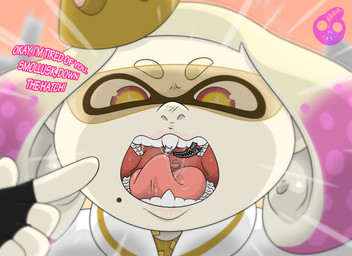 ambiguous_gender ambiguous_prey bodily_fluids clothing crown dialogue extreme_size_difference female female_pred fingerless_gloves gloves handwear headgear imminent_vore markings micro mole_(marking) mole_under_mouth pseudo_hair saliva size_difference tentacle_hair tentacles text tongue uvula vore nikonoir nintendo splatoon splatoon_3:_side_order pearl_(splatoon) animal_humanoid aquatic aquatic_humanoid cephalopod cephalopod_humanoid humanoid mollusk mollusk_humanoid octarian octoling octoling_(octopus_form) 2025 absurd_res english_text hi_res