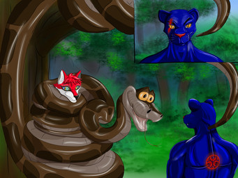 anthro coiling dialogue feral forest group hypnosis jungle male male/male mind_control plant ringed_eyes smile tree trio 35fox the_jungle_book azuri kaa_(jungle_book) sapa felid hybrid mammal pantherine python reptile scalie snake 4:3 absurd_res hi_res