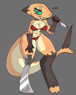 abs anthro big_breasts bikini bikini_bottom bikini_top biped blue_sclera blush breasts chest_scar clothing countershade_torso countershading digitigrade eyelashes female gold_(metal) gold_tooth holding_knife holding_object huge_hips knife long_tail looking_at_viewer non-mammal_breasts orange_body pegleg scar simple_background solo swimwear tail thick_tail thick_thighs two-piece_swimsuit under_boob wide_hips xwx aquatic fish shark 2026 hi_res