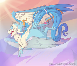 back_wings big_wings blue_body blue_eyes blue_fur bracelet day feathered_wings feathers female feral flying fur head_crest jewelry long_tail multicolored_body multicolored_fur necklace open_mouth open_smile outside pawpads pink_nose quadruped smile solo tail text two_tone_body two_tone_fur white_body white_fur wings fuf nintendo pokemon articuno generation_1_pokemon hybrid legendary_pokemon ninetales pokemon_(species) 2019 hi_res url