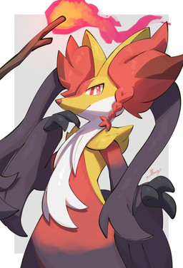 ambiguous_gender anthro black_claws claws facial_markings fire fur grey_body grey_fur head_markings inner_ear_fluff markings multicolored_body multicolored_fur red_body red_eyes red_fur red_inner_ear_fluff red_markings simple_background smile solo stick tuft white_body white_fur yellow_body yellow_fur nullma nintendo pokemon pokemon_legends_z-a shinku_(nullma) canid canine generation_9_pokemon mammal mega_delphox mega_evolution pokemon_(species) absurd_res digital_media_(artwork) hi_res signature