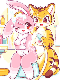 amber_eyes anthro bathing bathing_together bathroom blush brown_stripes chest_tuft duo ear_tuft featureless_crotch female fur holding_object inside kemono kneeling looking_at_another looking_at_viewer nipples nude one_eye_closed paws pink_body pink_fur pink_nipples shampoo sitting striped_body striped_fur stripes towel tuft yellow_body yellow_fur takiune_(pixiv) felid lagomorph leporid mammal pantherine rabbit tiger 2021 3:4 aliasing digital_media_(artwork) full-length_portrait low_res oekaki portrait