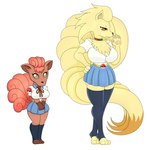 anthro big_breasts blonde_hair bottomwear breasts brown_eyes clothed clothing collar duo female generation_1_pokemon hair hi_res legwear ninetales nintendo pokeball pokemon pokemon_(species) red_body red_eyes red_hair school_uniform shirt simple_background skirt stockings tail topwear uniform urusee584 vulpix white_background yellow_body