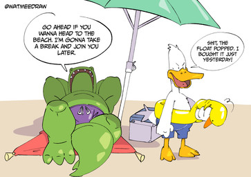 annoyed anthro beach beak belly clothing cooler dialogue dot_eyes duo feathers green_body hands_behind_neck lying lying_on_towel male male/male on_back pool_toy relaxing sand shadow simple_background simple_eyes slightly_chubby speech_bubble standing swimwear text towel umbrella white_background white_body white_feathers watmeedraw sitting_ducks aldo_(sitting_ducks) ed_(sitting_ducks) alligator alligatorid anatid anseriform avian bird crocodilian duck reptile scalie english_text hi_res shaded