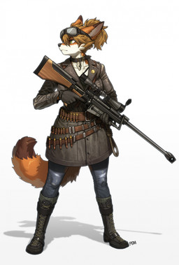 anthro anti-materiel_rifle anti_material_rifle belt boots bottomwear clothing coat collar dipstick_ears dipstick_tail ear_markings eyebrows eyelashes eyewear eyewear_on_head female footwear fur gloves goggles goggles_on_head green_eyes gun hair handwear holding_gun holding_object holding_ranged_weapon holding_weapon markings multicolored_ears orange_body orange_fur pants pgm_hecate_ii ponytail ranged_weapon rifle scope shoes short_hair simple_background solo standing tail tail_markings topwear weapon white_background white_body pgm300 fallout microsoft pgm_precision canid canine fox mammal 2023 hi_res