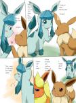 3:4 breath brother_(lore) brother_and_sister_(lore) comic dialogue dialogue_box dipstick_tail eevee eeveelution english_text female feral flareon fur generation_1_pokemon generation_4_pokemon gesture glaceon gloves_(marking) group hard_translated hi_res high_five kemono koorinezumi leg_markings male markings multicolored_tail neck_tuft nintendo pokemon pokemon_(species) sibling_(lore) simple_background sister_(lore) socks_(marking) tail tail_markings text third-party_edit translated tuft