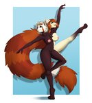 2_heads 3_legs anthro breasts brown_body brown_fur chest_tuft conjoined dancing female fluffy fluffy_tail fur hair long_tail multi_head multicolored_body multicolored_fur nipples nude orange_body orange_fur orange_hair short_hair simple_background smile solo tail tuft white_body white_fur white_hair wide_dicephalous ranara fudge ailurid mammal red_panda absurd_res hi_res smaller_version_at_source