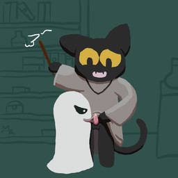 balls bottomless clothed clothing crossgender duo fellatio genitals holidays library licking magic male open_mouth oral penile penis penis_lick sex tapering_penis tongue tongue_out wand yellow_eyes modest_meowstic google google_doodle halloween magic_cat_academy momo_(google) felid ghost mammal spirit 1:1 2016