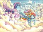 cloud cloudsdale cutie_mark detailed_background dock_(anatomy) feathered_wings feathers female feral flying group hair hooves horn looking_back multicolored_hair purple_eyes purple_hair rainbow_hair smile tail underhoof wings the-wizard-of-art friendship_is_magic hasbro my_little_pony mythology rainbow_dash_(mlp) scootaloo_(mlp) twilight_sparkle_(mlp) equid equine mammal mythological_creature mythological_equine pegasus winged_unicorn 2016 traditional_media_(artwork)