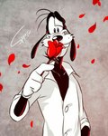 anthro bedroom_eyes black_eyes black_nose clothed clothing flower freckles gloves half-closed_eyes handwear happy holding_object looking_at_viewer male narrowed_eyes petals plant rose_(flower) rose_petals seductive shirt simple_background smile solo standing tan_background topwear undone_shirt ooofy1202 disney goofy_(disney) canid canine canis domestic_dog mammal 4:5 signature