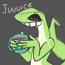 anthro container countershading cup dialogue green_body grin holding_container holding_cup holding_object juice_(beverage) male narrowed_eyes orange_eyes simple_background smile solo squint toony varlastreak teeku_(varlastreak) anole carolina_anole lizard reptile scalie 1:1