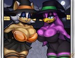 anthro big_breasts blue_eyes bottomwear breasts clothed clothing costume dress duo female female/female green_eyes hat headgear headwear holidays lipstick makeup purple_body skirt witch_costume witch_hat irc_(artist) halloween sega sonic_riders sonic_the_hedgehog_(series) rouge_the_bat wave_the_swallow avian bat bird hirundinid mammal oscine passerine swallow_(bird) absurd_res hi_res