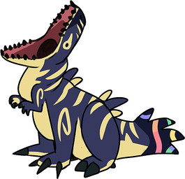 ambiguous_gender black_claws black_teeth blue_body blue_tail claws facial_markings facial_stripes head_markings markings open_mouth simple_background solo striped_back striped_face striped_markings striped_neck striped_tail stripes tail tail_markings teeth unsigned white_background yellow_body yellow_tail swampjaws dinosaur prehistoric_species reptile scalie taur