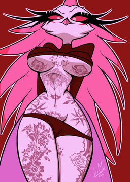 anthro big_breasts breasts chest_tattoo clothed clothed_anthro clothing clothing_pull facial_tattoo female leg_tattoo raised_clothing skimpy solo tattoo tattooification thick_thighs womb_tattoo gatojack3 hellaverse helluva_boss stella_(helluva_boss) avian bird bird_demon hi_res
