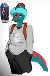 abstract_background anthro backpack black_bottomwear black_clothing black_pants bottomwear clothing frill_(anatomy) hair hand_in_pocket long_sleeve_shirt long_tail looking_at_viewer male multicolored_body multicolored_scales pants pockets red_body red_eyes red_scales scales short_hair smile snout solo tail teal_body teal_scales turquoise_hair two_tone_body two_tone_scales jauntyweb cavemanon_studios goodbye_volcano_high snoot_game weezer background_character mikey_(gvh) dinosaur prehistoric_species reptile scalie 2024 absurd_res digital_drawing_(artwork) digital_media_(artwork) hi_res