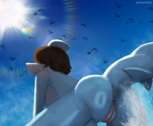 anthro anus big_breasts big_butt biped breasts brown_hair butt cloud day female fin genitals hair hair_over_eyes head_turned humanoid_genitalia humanoid_vulva light light_beam low-angle_view medium_hair non-mammal_breasts nude nude_anthro nude_female outside pose side_boob sky smile solo splash sunbeam sunlight tail text thick_thighs vulva water wide_hips sharkidly betta_(sharkidly) ambient_bird aquatic fish shark 2025 absurd_res artist_name colored hi_res pinup shaded