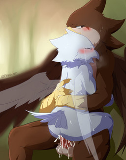 anal anthro balls beak blush bodily_fluids butt cum cum_in_ass cum_inside cum_on_balls cum_overflow duo erection from_front_position genital_fluids genitals hug leaking leaking_cum male male/male mastery_position non-mammal_balls on_lap penis rear_view sex sitting sitting_on_lap straddling sweat tears young young_anthro twstacker avian bird hi_res
