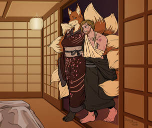 5_toes 9_tails asian_clothing barefoot blue_eyes brown_hair brown_nose claws clenched_teeth clothed clothing dipstick_tail duo east_asian_clothing eyebrows facial_hair feet female fur futon hair half-closed_eyes inner_ear_fluff inside japanese_clothing kimono lamp male markings multi_tail multicolored_tail narrowed_eyes orange_body orange_fur smile tail tail_markings teeth toe_claws toes tuft wounded mainlinemojo where_kitsune_wait egil_(somethingaboutsharks) rin_(somethingaboutsharks) canid canine fox human mammal 2019 absurd_res hi_res signature