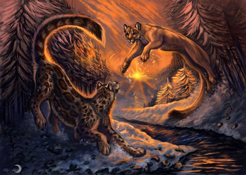4_fingers 4_toes ambiguous_gender ass_up black_body black_fur black_lips black_markings black_nose black_pawpads black_spots black_stripes brown_body brown_fur brown_spots butt cloud countershade_torso countershading day detailed_background detailed_fur digitigrade dipstick_tail duo ear_markings eye_contact facial_markings feet feral fingers forest fur head_markings hindpaw inner_ear_fluff jumping leopard_spots light lips long_mouth looking_at_another looking_down looking_up markings mountain multicolored_tail no_sclera outside pawpads paws pink_nose plant pounce raised_tail reflection river rock scenery shadow side_view sky snout snow spots spotted_body spotted_fur standing striped_markings striped_tail stripes sun sunlight sunset tail tail_markings tan_body tan_fur toes tree tuft whiskers white_body white_countershading white_fur white_markings winter flashw siegmar cougar felid feline mammal pantherine snow_leopard 2014 detailed digital_media_(artwork) digital_painting_(artwork) painting_(artwork)