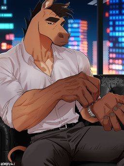 5_fingers anthro belt black_hair bottomwear brown_body city clothing eyebrows fingers furniture hair half-closed_eyes inside looking_at_viewer male markings muscular narrowed_eyes pants shirt sofa solo thick_eyebrows topwear veiny_hands nomifuki horse_boss_(nomifuki) equid equine horse mammal 2026 hi_res