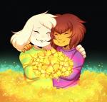 anthro brown_hair clothed clothing duo eyes_closed flower fur hair hug long_ears male plant standing sweater topwear white_body white_fur white_hair princessharumi undertale undertale_(series) asriel_dreemurr frisk_(undertale) boss_monster_(undertale) bovid caprine goat human mammal 2015