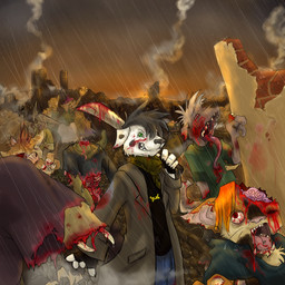 4_fingers action_scene anthro black_hair blood blood_on_arm blood_on_clothing blood_on_face blood_on_tail blood_on_weapon bodily_fluids bone brain clothed clothing coat decapitation dismemberment ear_piercing fingerless_gloves fingers fully_clothed fur gloves gore green_eyes grey_body grey_fur group guts hair handwear headless intestines long_tongue male melee_weapon notched_ear orange_hair organs piercing raining red_eyes rib_cage ribs ruins scarf shirt short_hair smile smoke standing sword t-shirt teeth tongue topwear torn_clothing weapon white_body white_fur wounded unknown_artist bovid bovine canid canine canis cattle dalmatian domestic_cat domestic_dog felid feline felis mammal undead zombie 1:1