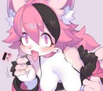 anthro big_breasts black_hair blush breasts clothing fangs fellatio_gesture female flashing flashing_breasts gesture hair hand_gesture handjob_gesture inner_ear_fluff jacket kemono pink_hair purple_eyes short_hair solo suggestive suggestive_gesture teeth topwear tuft rikose domestic_cat felid feline felis mammal