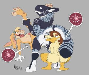 anal anal_fingering anthro anus armor blush bodily_fluids crouching cum cum_inside female fingering genital_fluids group impregnation interspecies leaking_cum machine male male/female orgasm ovum penetration sex simple_background spread_legs spreading thick_thighs trio vaginal vaginal_penetration daison_the_fox looney_tunes the_looney_tunes_show warner_brothers lola_bunny tina_russo anatid anseriform avian bird duck lagomorph mammal protogen hi_res