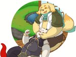 anthro belly blush clothing duo floppy_ears fur hoodie male male/male overweight overweight_male scarf smile squishing_cheeks topwear yellow_body yellow_fur conqueror_beelz lifewonders tokyo_afterschool_summoners cu_sith_(tas) canid canine canis domestic_dog mammal hi_res