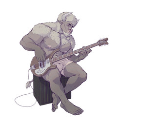 afro anthro bass_guitar beard bottomwear braided_hair bulge clothed clothing curled_tail electric_guitar eyebrow_piercing facial_hair facial_piercing feet guitar hair horn humanoid_feet male musical_instrument nipple_piercing nipples piercing plantigrade playing_guitar playing_music plucked_string_instrument scruffy shorts smile solo string_instrument tail topless brukajones rickenbacker_(company) rickenbacker_bass bovid bovine mammal hi_res