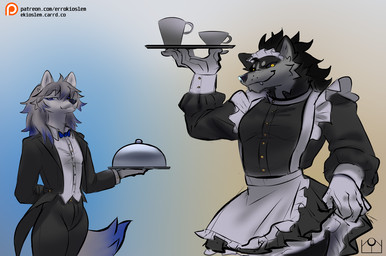 anthro butler butler_outfit clothing duo_focus duo_in_panel female gloves glowing glowing_eyes group handwear holding_object looking_at_viewer maid_apron maid_cafe maid_uniform male simple_background teeth_showing three-quarter_view uniform errokioslem kudrovski canid canine canis mammal wolf half-length_portrait portrait