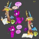 1:1 anthro beverage biped blush bodily_fluids book claws container cup dialogue digital_media_(artwork) discord_(mlp) duo english_text equid equine feathered_wings feathers female friendship_is_magic genital_fluids hair hasbro hi_res hooves horn horse ljrmr male mammal my_little_pony peeing pony purple_eyes quadruped simple_background smile text twilight_sparkle_(mlp) urine urine_as_food watersports wings