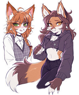 5_fingers ahoge anthro bangs black_choker black_jewelry black_necklace blush bottomwear bra brown_hair chest_tuft choker clothed clothing crop_top cropped_hoodie duo eyelashes female fingers fully_clothed fur green_eyes hair inner_ear_fluff jewelry long_hair midriff multicolored_body multicolored_fur navel necklace orange_hair pants shirt simple_background tail tongue tongue_out topwear tuft underwear white_background yellow_eyes 3rdperson_iz canid canine domestic_cat felid feline felis fox mammal red_fox true_fox colored digital_drawing_(artwork) digital_media_(artwork) hi_res shaded