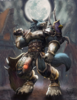 abs anthro armor balls big_penis blue_eyes claws fangs full_moon genitals humanoid_genitalia humanoid_penis male moon muscular muscular_anthro muscular_male nipples pecs penis pubes raining shield solo tail teeth thick_penis weapon bullstorm blizzard_entertainment warcraft canid canine canis mammal werecanid werecreature wolf worgen hi_res