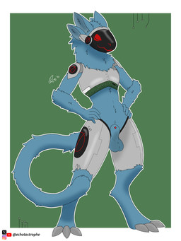4_ears 4_fingers animal_genitalia animal_penis anthro armor balls blue_body blue_fur canine_genitalia canine_penis curled_tail fingers fur genitals green_background hands_on_hips long_tail machine male markings motherboard multi_ear navel nude outline penis penis_tip presenting red_markings sheath silver_(metal) silver_armor simple_background solo standing tail tuft echotastrophe mammal protogen 2025 3:4 absurd_res hi_res shaded simple_shading
