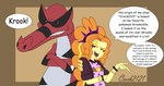 2022 absurd_res accessory adagio_dazzle_(eg) ambiguous_gender armwear black_eyes black_sclera bracelet clothing crock2121 crossover dialogue duo english_text equestria_girls female feral generation_5_pokemon hair hasbro headband hi_res human jewelry krookodile lore mammal my_little_pony nintendo pokemon pokemon_(species) red_body red_skin size_difference spiked_headwear spiked_jacket talking_to_viewer text yellow_body yellow_skin
