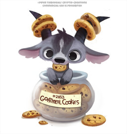 ambiguous_gender black_eyes candy chocolate chocolate_chip_cookie chocolate_chips container cookie cookie_jar dessert feral food fur grey_body grey_fur horn humor jar label pun simple_background solo text visual_pun white_background piper_thibodeau bovid caprine goat mammal digital_media_(artwork) digital_painting_(artwork) english_text painting_(artwork) url