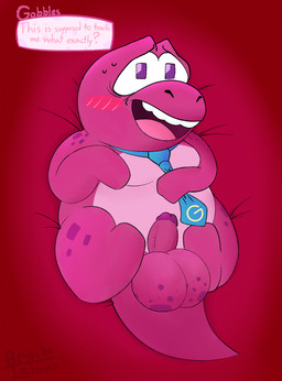 accessory anthro balls bed bedding big_balls big_balls_small_penis blanket blush blush_lines bodily_fluids dialogue disproportionate_genitalia furniture genitals huge_balls lying lying_on_bed male necktie on_back on_bed open_mouth overweight overweight_anthro overweight_male penis pink_body purple_eyes scales short small_penis solo speech_bubble sweat sweatdrop tail teeth teeth_showing text text_box tongue briocheishome gameoverse glitch_productions gobbles_(gameoverse) dinosaur prehistoric_species reptile scalie hi_res