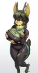 anthro antlers arm_tuft blush breasts cheek_tuft clothing ear_tuft facial_tuft female fur green_body green_fur green_hair hair horn inner_ear_fluff leg_tuft looking_at_viewer neck_tuft simple_background solo thigh_tuft torn_clothing tuft wrist_tuft yellow_eyes pgm300 natsu_(natsu_o3o) deer mammal 2023 absurd_res hi_res