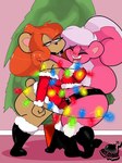 2019 3:4 anthro bear belt big_breasts big_butt bimbette blush boots breasts brown_body brown_fur butt christmas christmas_clothing christmas_lights cleavage clothed clothing curvy_figure detailed_background digital_media_(artwork) duo embrace entangled eyes_closed eyeshadow female fist footwear fur hair hi_res holidays hourglass_figure hug huge_breasts huge_butt inkit89 julie_bruin makeup mammal mephitid midriff orange_hair pink_body pink_fur side_boob skunk smile teeth thick_thighs tiny_toon_adventures tongue under_boob voluptuous warner_brothers white_hair wide_hips