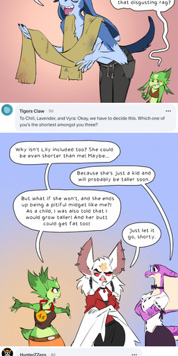 4_panel_comic angry anthro censored_text clothing disgust duo female group male medal overweight overweight_female profanity q&a scarf simple_background solo text toga yelling zummeng chili_(zummeng) estella_(zummeng) evie_(zummeng) jade_(zummeng) lavender_(zummeng) nigel_(zummeng) vyra_(zummeng) bat cobra domestic_cat elvian felid feline felis hybrid lagomorph leaf-nosed_bat leporid mammal microbat rabbit reptile rhinoceros scalie snake vampire_bat yangochiropteran absurd_res english_text hi_res long_image tall_image