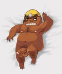 anthro balls belly body_hair brown_body clothed clothing dakimakura erection facial_hair foreskin fur genitals hat hat_only headgear headgear_only headwear headwear_only humanoid_genitalia humanoid_penis looking_at_viewer lying male mostly_nude mustache narrowed_eyes nipples on_back overweight overweight_male penis simple_background solo spunker animal_crossing nintendo mr._resetti eulipotyphlan mammal mole_(animal) 2023 dakimakura_design digital_media_(artwork) hi_res