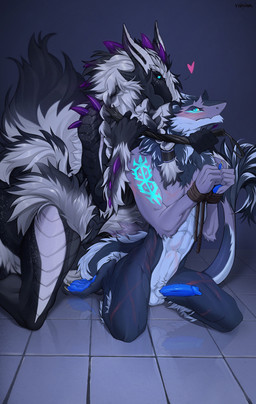 anthro bdsm braided_fur bruised duo erection female fur genitals heart_symbol kneeling looking_at_another looking_at_partner male male/female penis purple_spikes vulva ruisha saryne_(zanussergal) zanus_(zanussergal) behemoth_(essence_of_rapture) sergal absurd_res hi_res