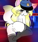 anthro anus black_clothing black_legwear black_stockings blonde_hair blue_eyes blue_mouth blush clothing crime_scene female fur genitals hair legwear long_hair looking_at_viewer looking_back markings mostly_nude open_mouth police police_hat pussy raised_leg solo stockings striped_markings stripes white_body white_fur yellow_markings young young_anthro young_female nora_the_wolf_(artist) canid canine canis mammal wolf