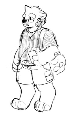 anthro backpack bottomwear clothed clothing holding_object male mouth_closed shorts simple_background simple_eyes solo standing topwear unsigned asnnonaka ryuusei full-length_portrait hi_res monochrome portrait sketch