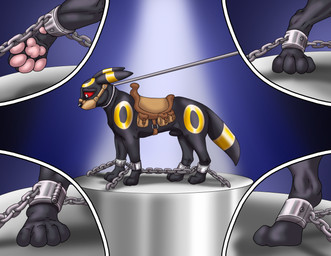 animal_genitalia auction bdsm bondage bound chain chained comic_panel cuff_(restraint) feet feral feral_bondage fully_sheathed gag gagged genitals halter male muzzle_(object) muzzled paws penis restraints saddle shackles sheath solo raptorroper nintendo pokemon eeveelution generation_2_pokemon pokemon_(species) umbreon hi_res
