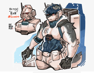 alternate_species anthro armor backpack blue_hair bottomwear clothed clothed_anthro clothed_male clothing cosplay floppy_ears fluffy fluffy_tail fur furrification gloves grey_body grey_fur hair handwear machine male mecha mecha_musuko multicolored_body multicolored_fur orange_eyes pants solo tail topwear two_tone_body two_tone_fur white_body white_fur oatmegaplus gundam mobile_suit_gundam rx-79(g)ez8_gundam_ez8 canid canine canis domestic_dog mammal mobile_suit 2025 absurd_res hi_res