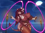 accessory anthro belly big_breasts breasts clothing cloud curvy_figure facial_piercing female fire fire_spinning fishnet_clothing fur garter hair holding_object horn huge_breasts huge_hips legwear lingerie moon night nipples nose_piercing nose_ring open_mouth piercing pink_body pink_fur ring_piercing sea simple_background solo spots surprise thick_thighs tiki_torch torch voluptuous wardrobe_malfunction water white_spots wide_hips battleorca nisha_(mixideer) bovid bovine cattle mammal 2018 hi_res