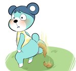 anthro anus blush bottomless clothed clothing crouching feces female fur genitals grass hair humanoid_genitalia humanoid_pussy nervous plant pooping pooping_on_floor pooping_on_grass pussy round_tail scatplay simple_background solo stink_fumes stink_lines skunkbutts animal_crossing nintendo bluebear_(animal_crossing) bear mammal ursine filth digital_media_(artwork)